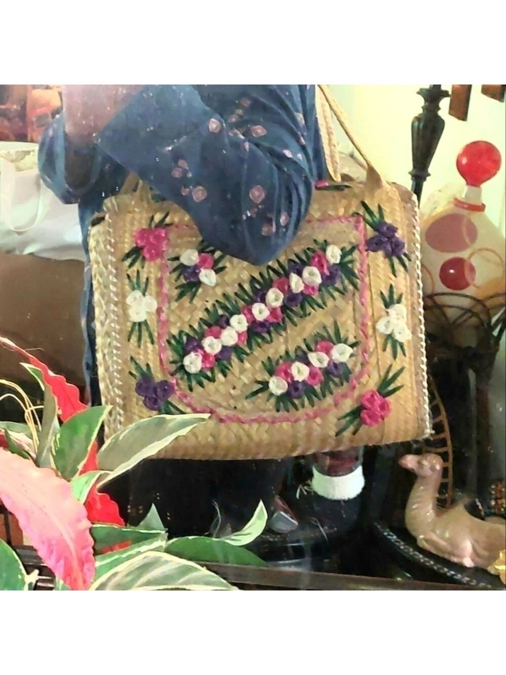Vintage* Large Straw Floral Tote